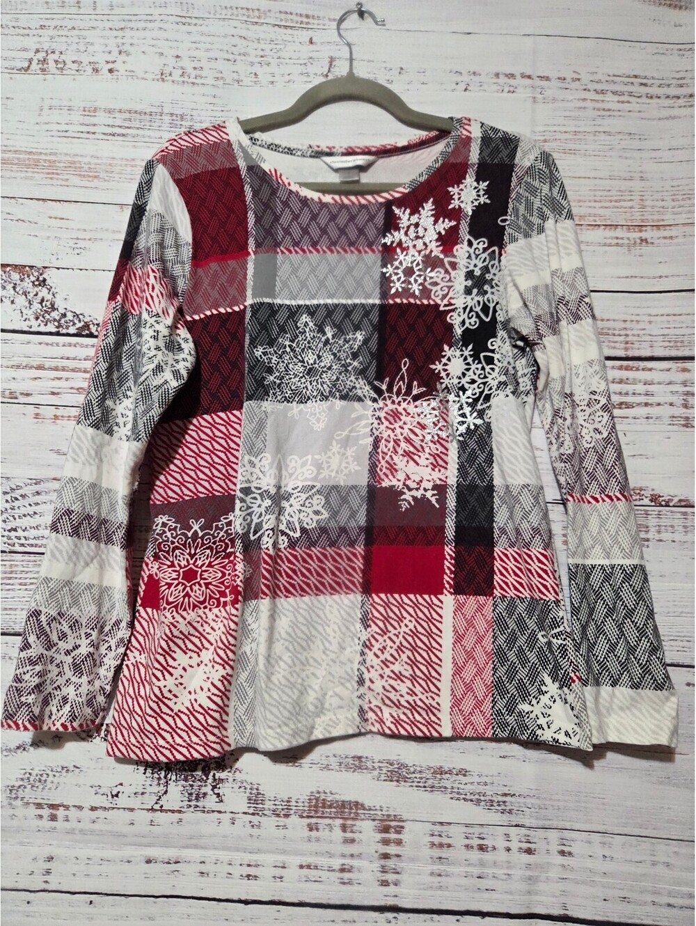 christopher & banks Medium Red Multi Plaid Snowflake Pattern Casual Long Sleeve